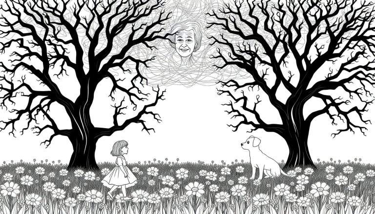Zwart-wit kleurplaat met een meisje dat naar een hond kijkt in een bloemenveld, onder een lucht met een zwevend, glimlachend gezicht van een vrouw, geflankeerd door kale bomen.