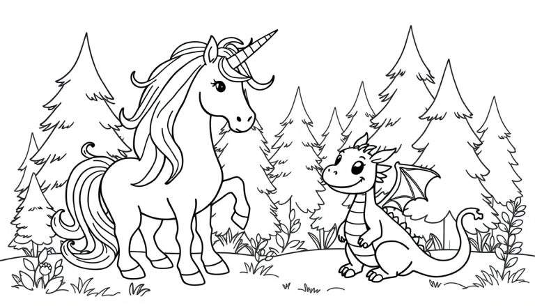 Zwart-wit lijntekening van een eenhoorn en een klein draakje die elkaar ontmoeten in een bos, omringd door gras en bloemen.