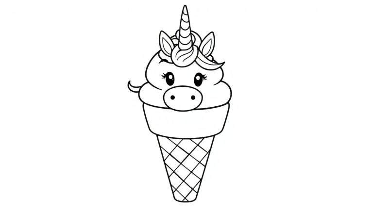 Zwart-witte kleurplaat van een cartoon-eenhoorn-ijsje met wafelijshoorntje.