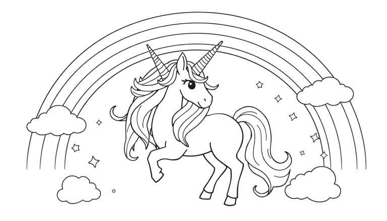 Een zwart-wit tekening van een eenhoorn met een regenboog en wolken, klaar om ingekleurd te worden.