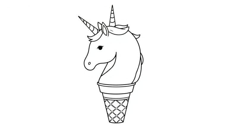 Zwart-wit lijntekening van een eenhoorn met twee hoorns, een vriendelijk gezicht en manen, waarvan de kop en nek uit een wafelpatroon ijshoorntje komen.