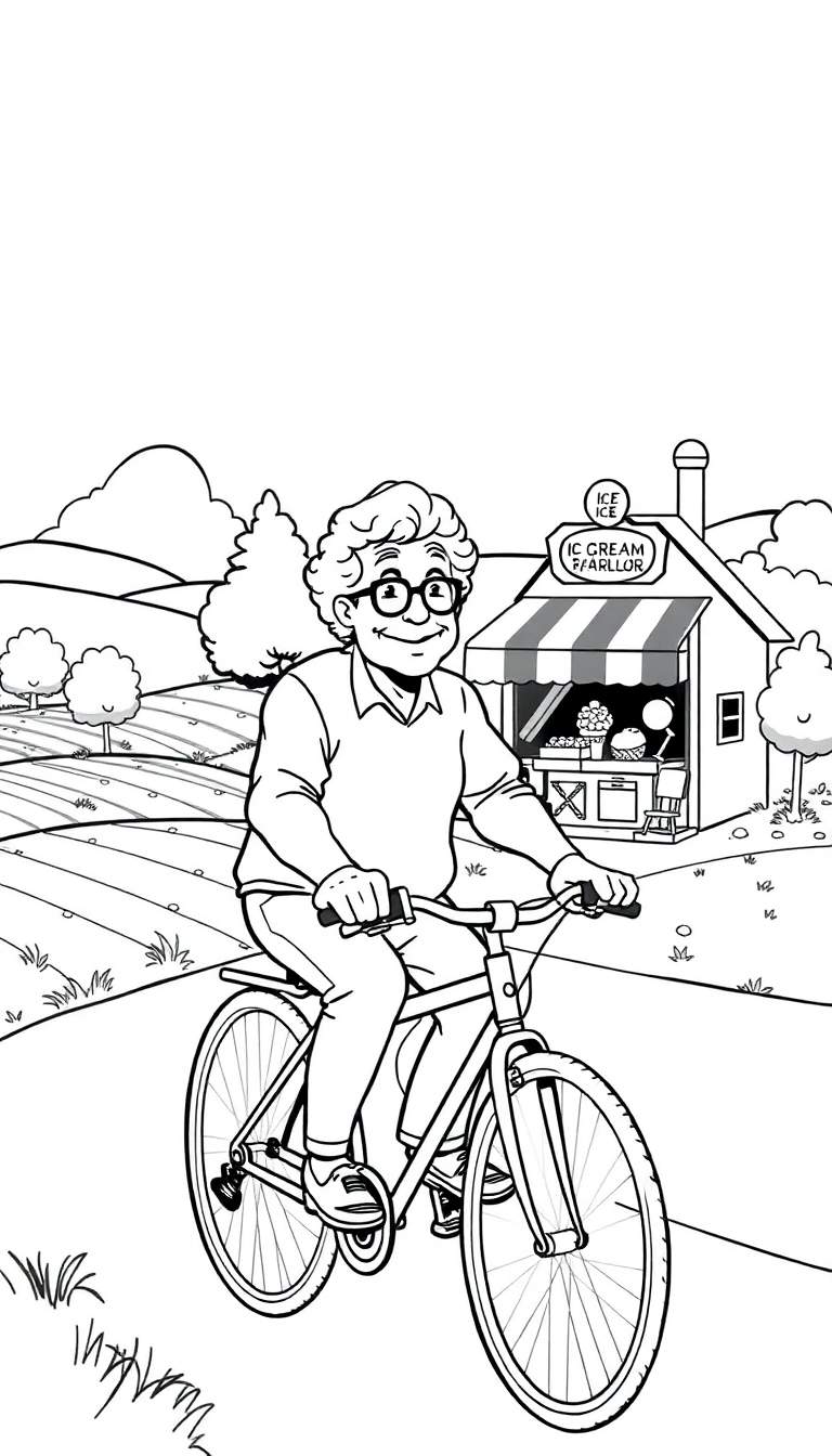 Kleurplaat van een lachende oudere vrouw met bril en krullend haar die op een fiets rijdt, met op de achtergrond een landschap en rechts een ijssalon met uithangbord 'IC CREAM PAARLLOR'.
