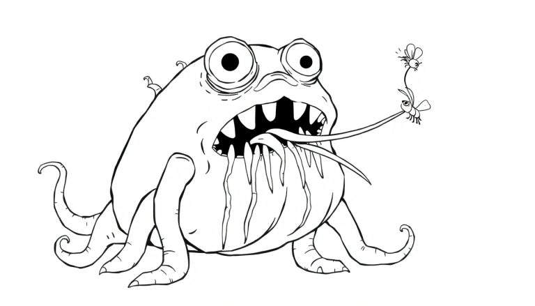 Zwart-wit kleurplaat van een cartoonachtig monster met grote ogen, een open bek vol tanden en een lange gespleten tong die insecten vangt.
