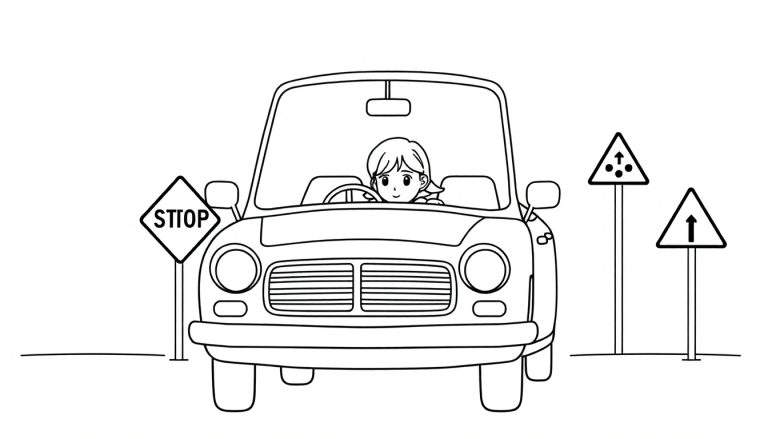 Kleurplaat van een cartoonauto met een bestuurder en verkeersborden, inclusief een 'STIOP' bord.