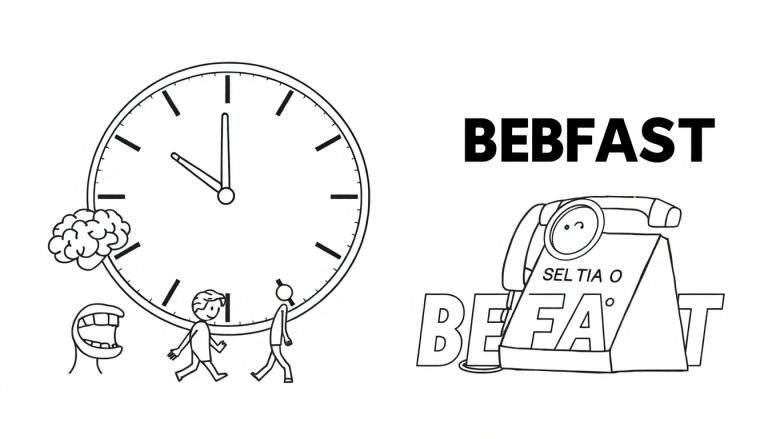 Zwart-wit cartoon kleurplaat met een klok, brein, mond, mensfiguren, woord 'BEBFAST', retro telefoon met gezicht en tekst, en woord 'BEFAAT'.