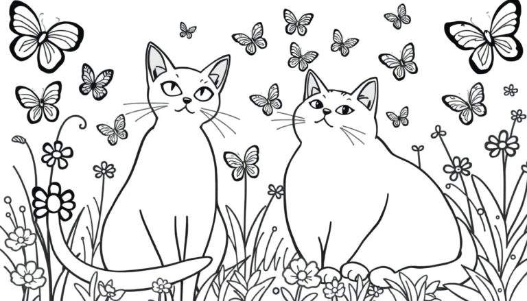 Kleurplaat van twee vriendelijke katten die in een bloemrijk veld zitten, omringd door veel vlinders van verschillende groottes.