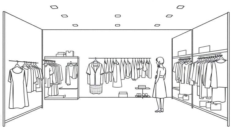 Zwart-wit lijntekening van een kledingwinkel interieur met kledingrekken, displays en een vrouw die kleding uitzoekt.