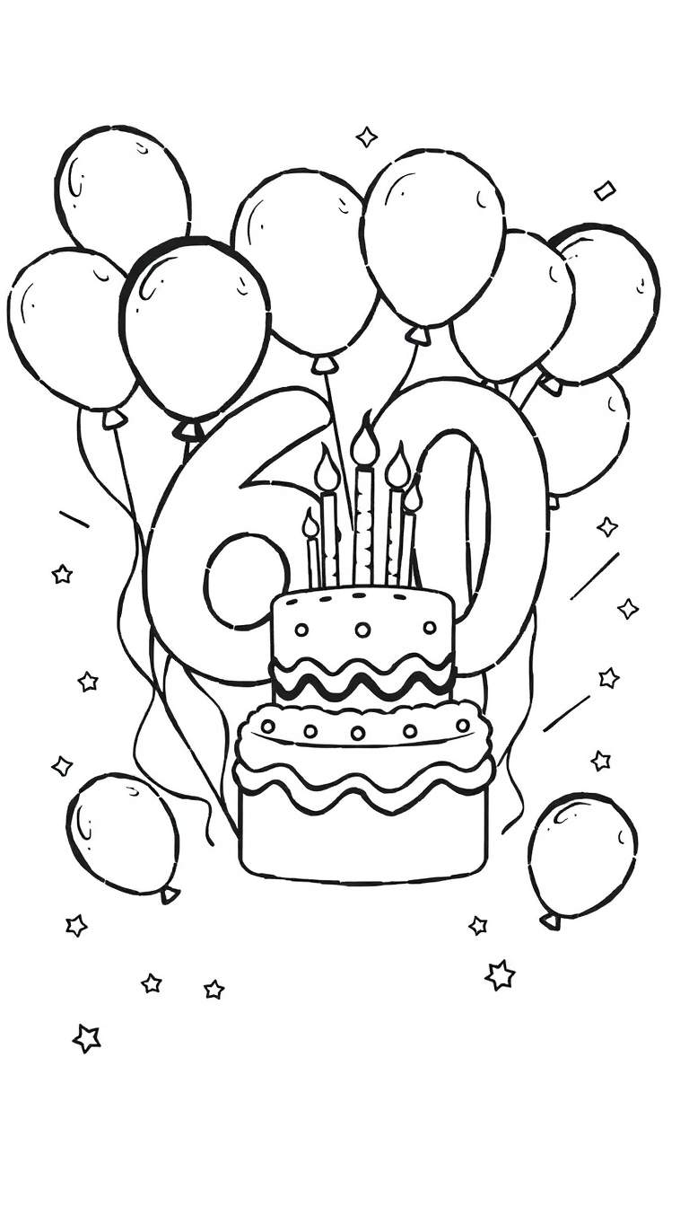 Kleurplaat voor een 60e verjaardag met de cijfers '60', een taart met vijf brandende kaarsjes, veel ballonnen en decoratieve sterren.