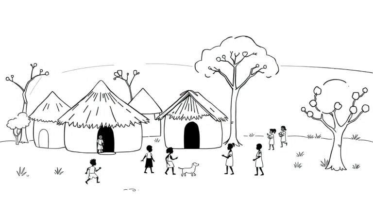 Zwart-wit tekening van een Afrikaans dorp met ronde hutten, bomen, mensen en een hondje, geschikt om in te kleuren.