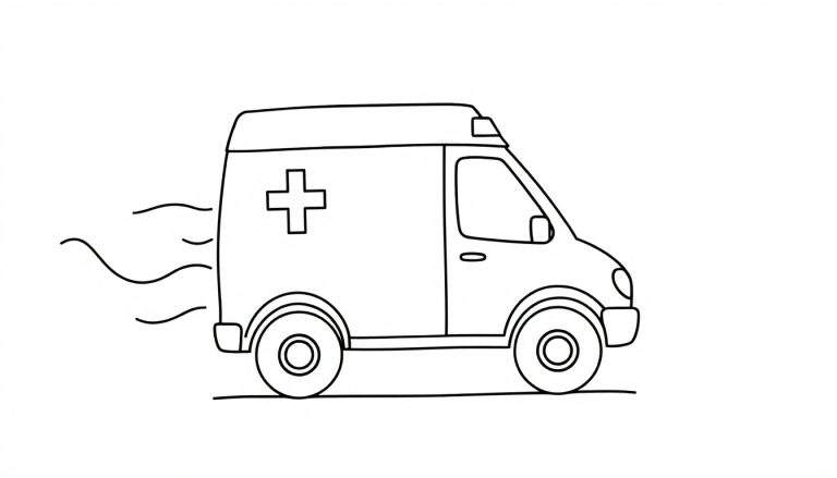 Eenvoudige lijntekening van een ambulance met een rood kruis op de zijkant en een zwaailicht, afgebeeld in beweging met golvende lijnen erachter.