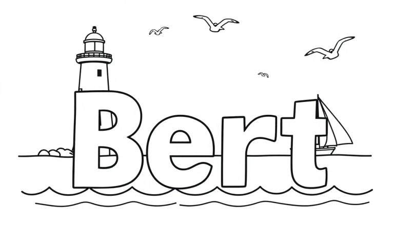 Kleurplaat van de naam Bert met een vuurtoren, zeilboot, golven en meeuwen.