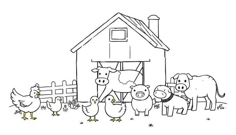 Zwart-wit lijntekening van een boerderijtafereel met schuur, hek, kip, kuikentjes, eend, koeien, varken en hond.