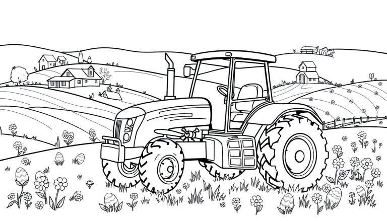 Kleurplaat met een grote trekker in een lenteachtig boerderijlandschap, omringd door bloemen, paaseieren en boerderijen op heuvels.