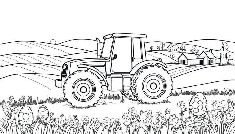 Kleurplaat van een boerderijlandschap met een tractor en paaseieren.
