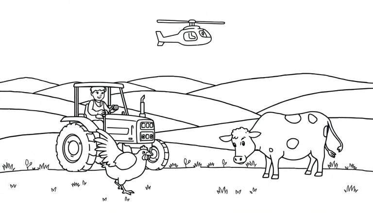Kleurplaat van een boerderij met een tractor, kip, koe, helikopter en heuvels.