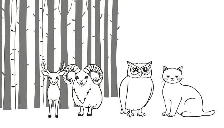 Zwart-wit illustratie van een bos met gestileerde bomen, en op de voorgrond een hert, een ram, een uil en een kat om in te kleuren.