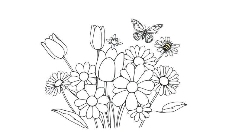 Zwart-wit lijntekening van een bosje bloemen met een vlinder en een bij. De bij heeft al gele en zwarte strepen.