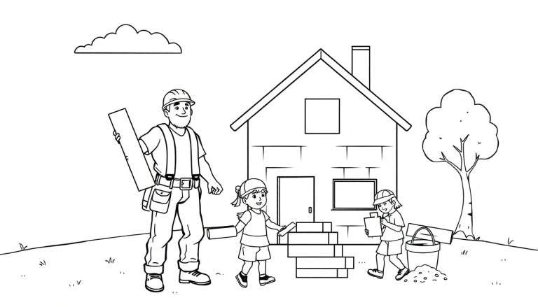 Kleurplaat van een bouwplaats met een man, jongen en meisje die samen een huis aan het bouwen zijn.