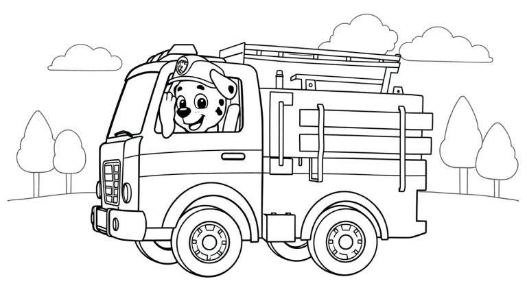 Kleurplaat van een blije dalmatiër hond met brandweerhelm die zwaait vanuit een brandweerwagen.