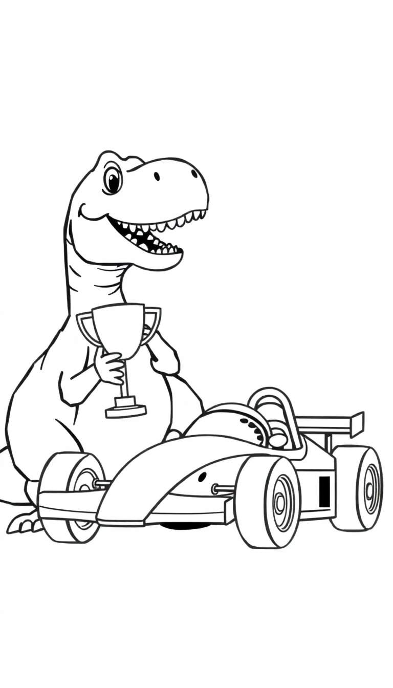 Kleurplaat van een lachende dinosaurus met een trofee naast een racewagen.