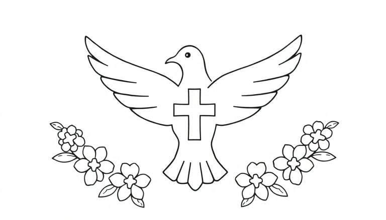 Zwart-witte kleurplaat van een duif met gespreide vleugels en een kruis op de borst, omringd door bloemen en bladeren.