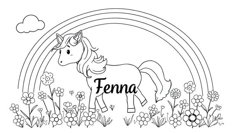 Zwart-wit tekening van een eenhoorn genaamd Fenna met een regenboog en bloemen, klaar om ingekleurd te worden.