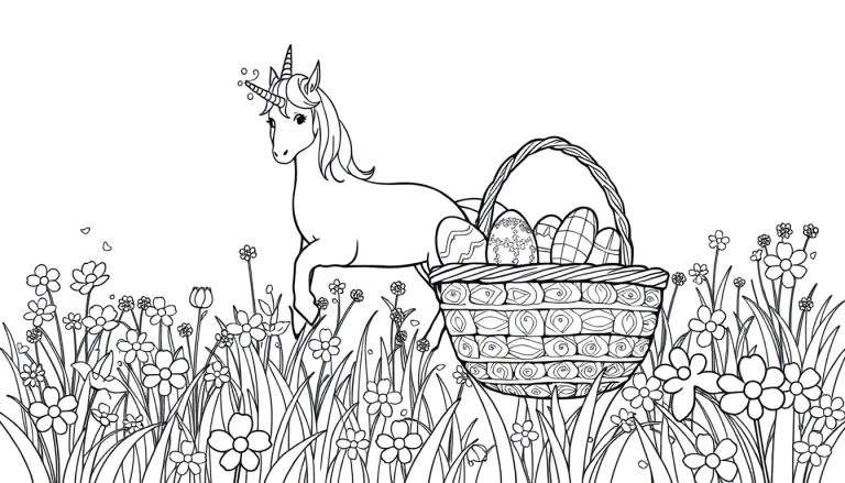 Eenhoorn met spiraalhoorn en sierlijke manen staat naast een mand vol versierde paaseieren in een bloemenveld.