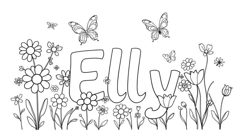 Kleurplaat van de naam ELLY met bloemen en vlinders.