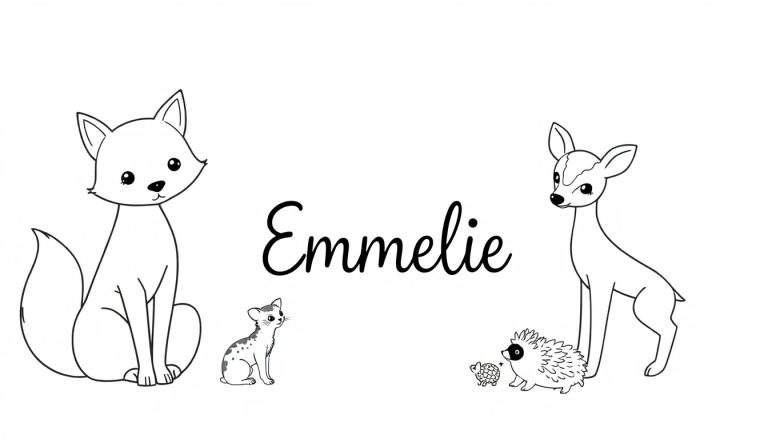 Zwart-witte lijntekening van een kleurplaat met de naam Emmelie in het midden, een vos links, een katje onder de vos, een hertje rechts, en een egel en schildpadje onder het hertje.