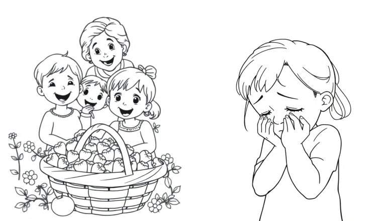 Kleurplaat met aan de linkerkant een lachende familie met een mand vol fruit en bloemen, en aan de rechterkant een verdrietig huilend meisje.