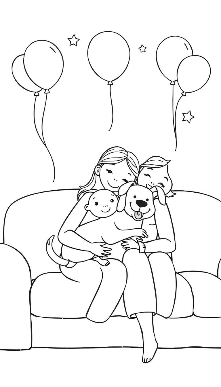 Kleurplaat van een lachend gezin op een bank met een hond, ballonnen en sterretjes.
