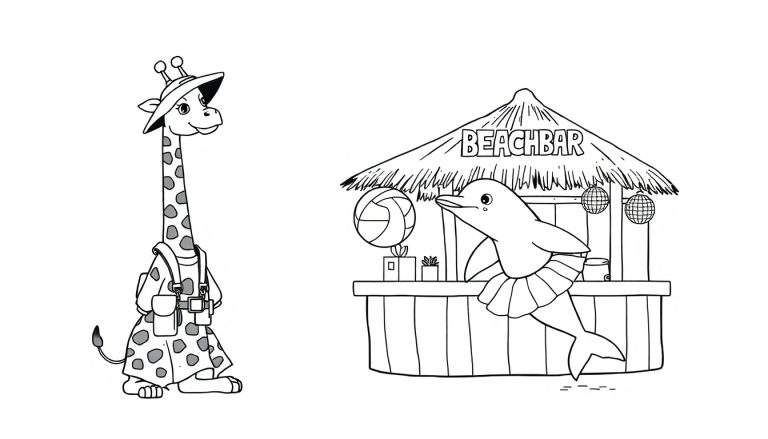 Kleurplaat van een giraf met safarihoed en rugzak naast een strandbar waar een dolfijn met een tutu achter de toonbank staat. Er is een volleybal, cadeautje en discoballen.