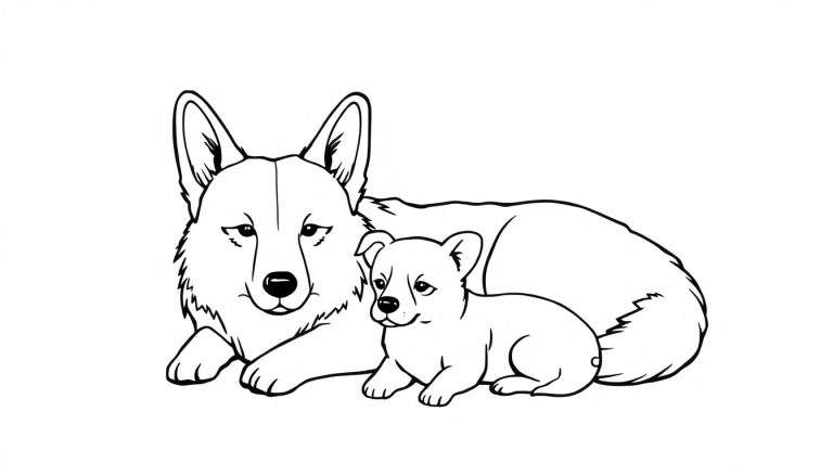 Zwart-wit lijntekening van een grote hond die achter een kleine puppy ligt, wat een beschermende en liefdevolle scène weergeeft.