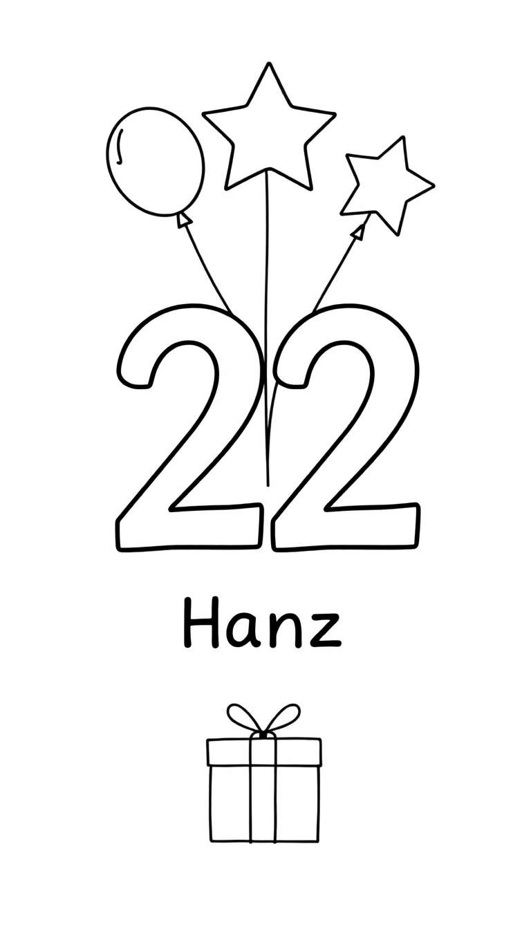 Zwart-wit lijntekening van een verjaardagskleurplaat met de grote cijfers '22', een ballon, twee sterren, de naam 'Hanz' en een ingepakt cadeau.