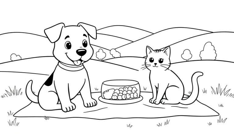 Zwart-wit kleurplaat van een hond met tong uit zijn bek en een kat met snorharen, zittend naast een voerbak op een kleed in een landschap met heuvels.