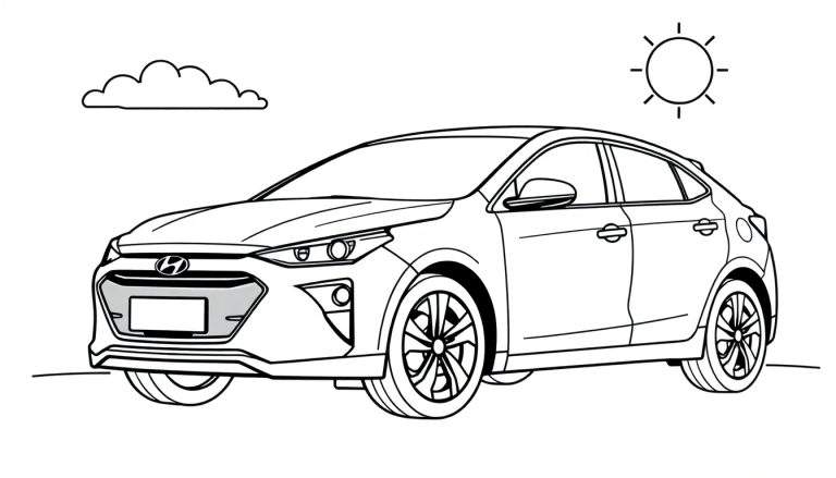 Zwart-wit lijntekening van een Hyundai hatchback auto als kleurplaat, met een zon en een wolk op de achtergrond.