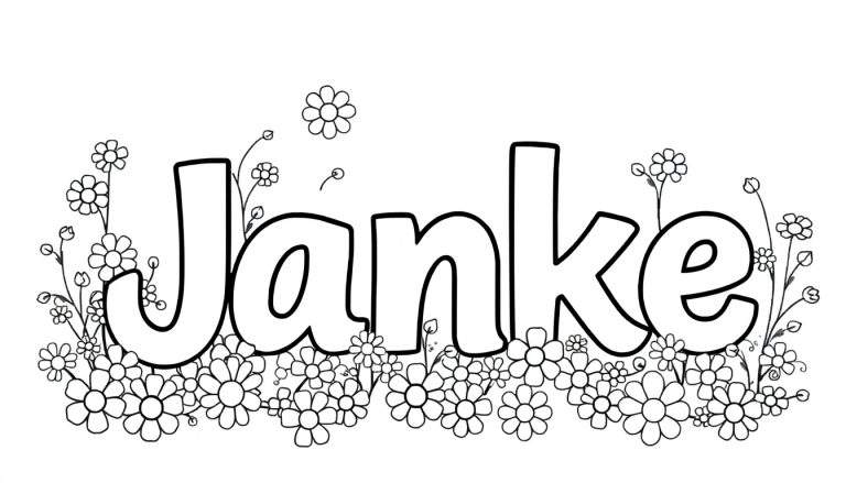Een zwart-wit lijntekening van de naam Janke, versierd met veel bloemen en bladeren, klaar om ingekleurd te worden.