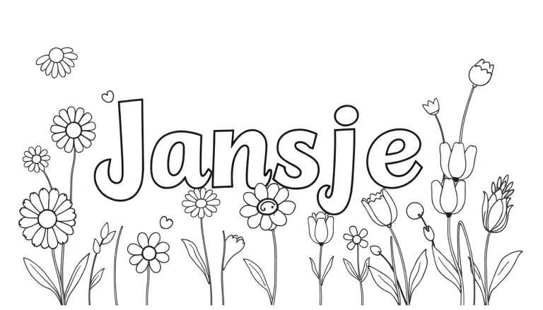Kleurplaat met de naam Jansje in grote letters, omringd door getekende bloemen zoals madeliefjes en tulpen, en een klein hartje boven de 'J'.