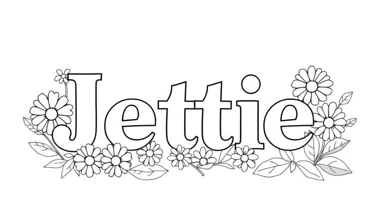 Zwart-wit lijntekening van de naam Jettie omringd door bloemen en blaadjes, bedoeld als kleurplaat.