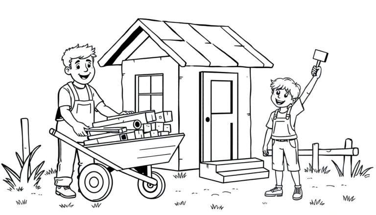 Zwart-wit lijntekening van twee lachende jongens die buiten een klein houten huisje bouwen met hout, een kruiwagen en een hamer.