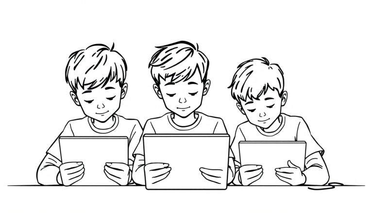 Lijntekening van drie jongens die geconcentreerd naar hun tablets kijken.