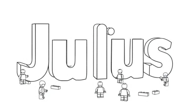 Zwart-wit tekening van het woord JULIUS met 3D letters, omringd door zeven LEGO-achtige poppetjes en vijf losse LEGO-blokjes.