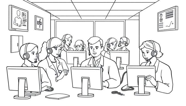 Zwart-wit kleurplaat van een kantoorruimte met ongeveer negen mensen die achter bureaus zitten, allemaal met headsets en kijkend naar computerschermen.