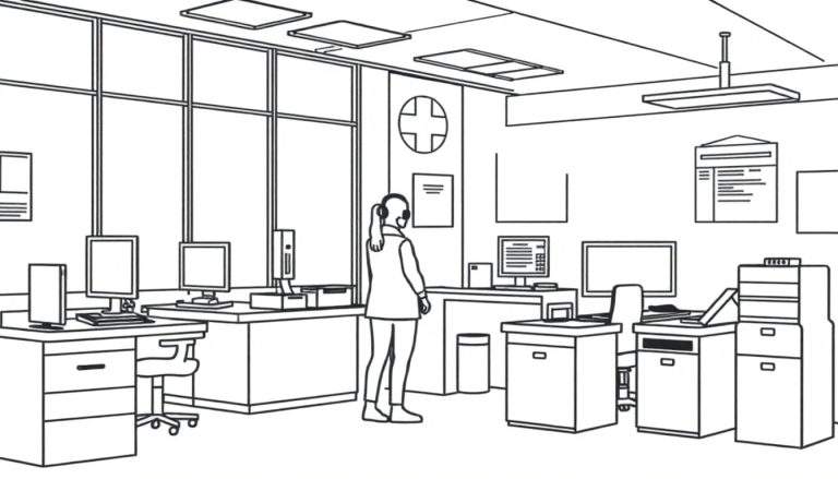 Zwart-wit lijntekening van een kantoorruimte met bureaus, computers, ramen en een persoon met koptelefoon.