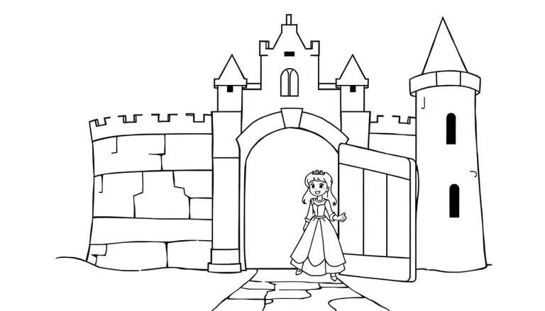 Kleurplaat van een sprookjeskasteel met een prinses voor de open poort, met een stenen pad dat naar de ingang leidt.