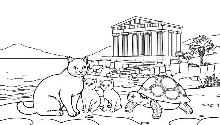 Kleurplaat van een kattenfamilie, bestaande uit een moederkat en twee kittens, met een schildpad aan de kust. Een oude Griekse tempel met zuilen staat op de achtergrond met een zee en bergen.