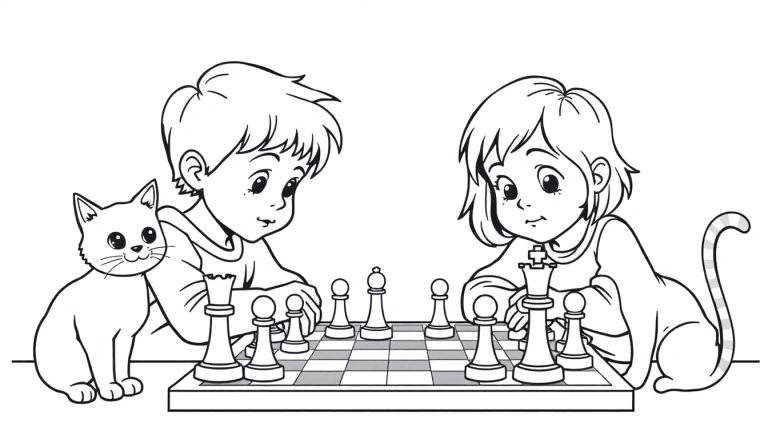 Kleurplaat van twee kinderen die schaak spelen met twee katten die toekijken.