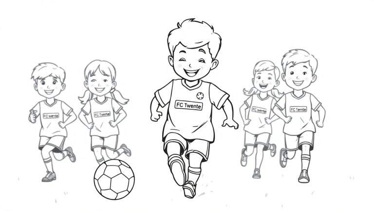 Zwart-wit kleurplaat van vijf lachende kinderen die voetballen, allen met FC Twente shirts. Een jongen trapt de bal weg.