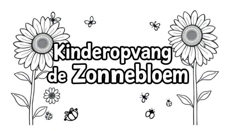 Zwart-wit lijntekening van een kleurplaat met de tekst 'Kinderopvang de Zonnebloem', twee grote zonnebloemen, kleine vliegende insecten, een kleinere bloem en een lieveheersbeestje.