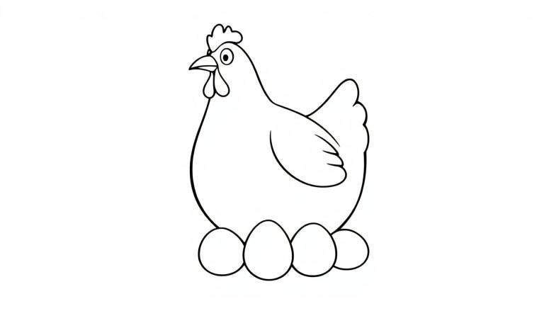 Kleurplaat van een cartoon kip die op eieren broedt, met dikke zwarte lijnen op een witte achtergrond.